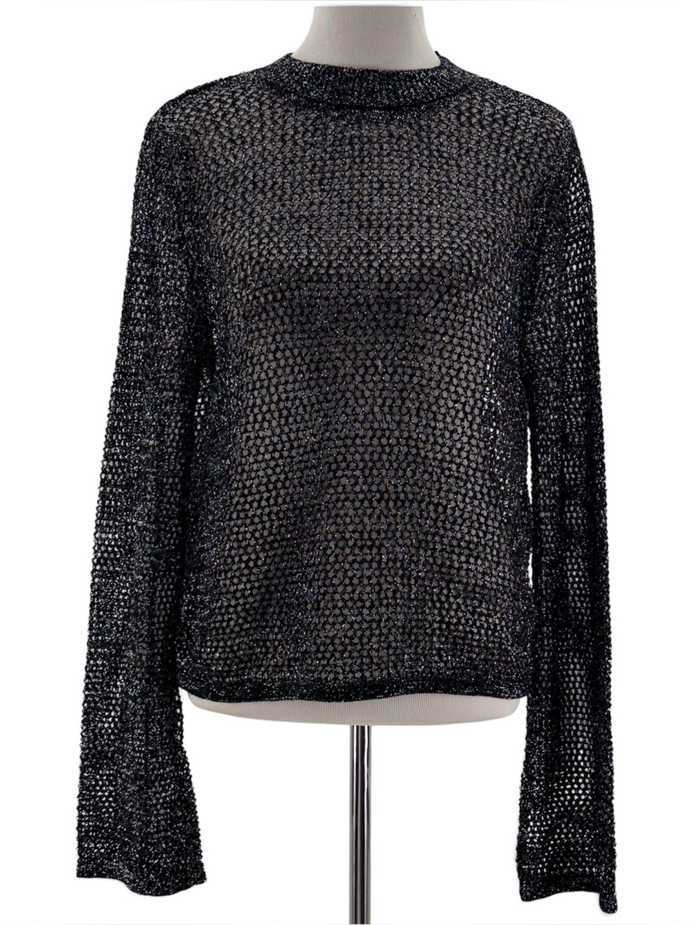 Zara Women’s M Black Silver Metallic Open Knit Sheer Open Back Sweater Top.